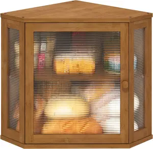 Corner Bread Box for Kitchen Counter, Bamboo Wood Black Bread Box, Large Capacity Bread Storage Bin with Acrylic Wavy Door Panel