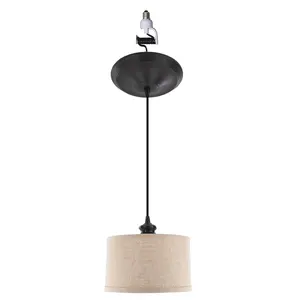 Brushed Bronze Instant Pendant Light - Recessed Can Conversion Kit with 10" Linen Drum Shade (New Shipment Arrives 6/5)