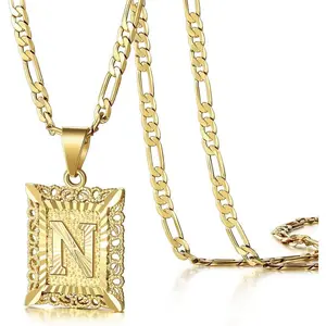 Initial Letter Pendant Necklace for Men Women, 14K Gold Plated Square Capital Monogram Necklace Alphabets from A-Z Figaro Chain Jewelry