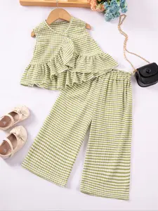 Two-Piece Set Toddler Girl's Striped Print Crop Tank Top & Wide Leg Pants, Casual Sleeveless Round Neck Top & Trousers for Daily Wear, Kids Clothing for Summer, Summer Outfits Set, Striped Sets, Summer Clothes Set