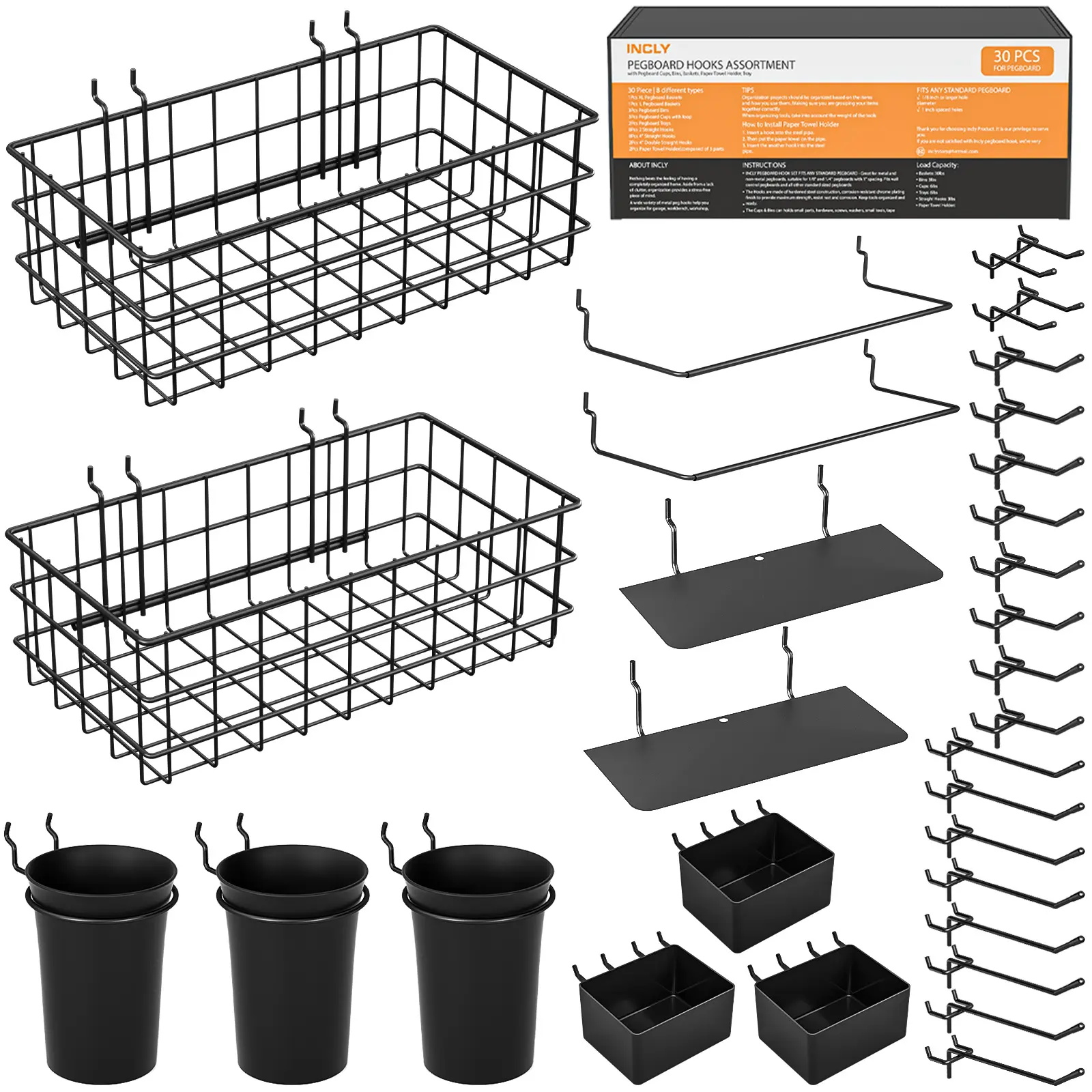 INCLY 30 Packs Peg Board Organizer Accessories Kit, Pegboard Hooks Assortment with Bins, Cups, Wire Baskets and Paper Towel Holder for 1/8“ and 1/4” Pegboard Garage Workbench Craft Room Organizing Tools