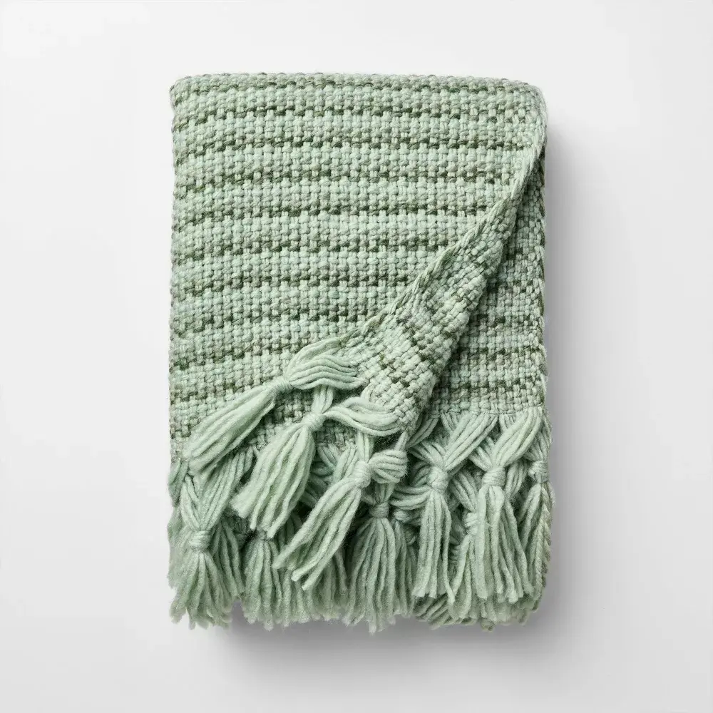 50 x 60 Throw Mixed Yarn Woven with Crossed Tassels Multi Green - Threshold Design with Studio McGee