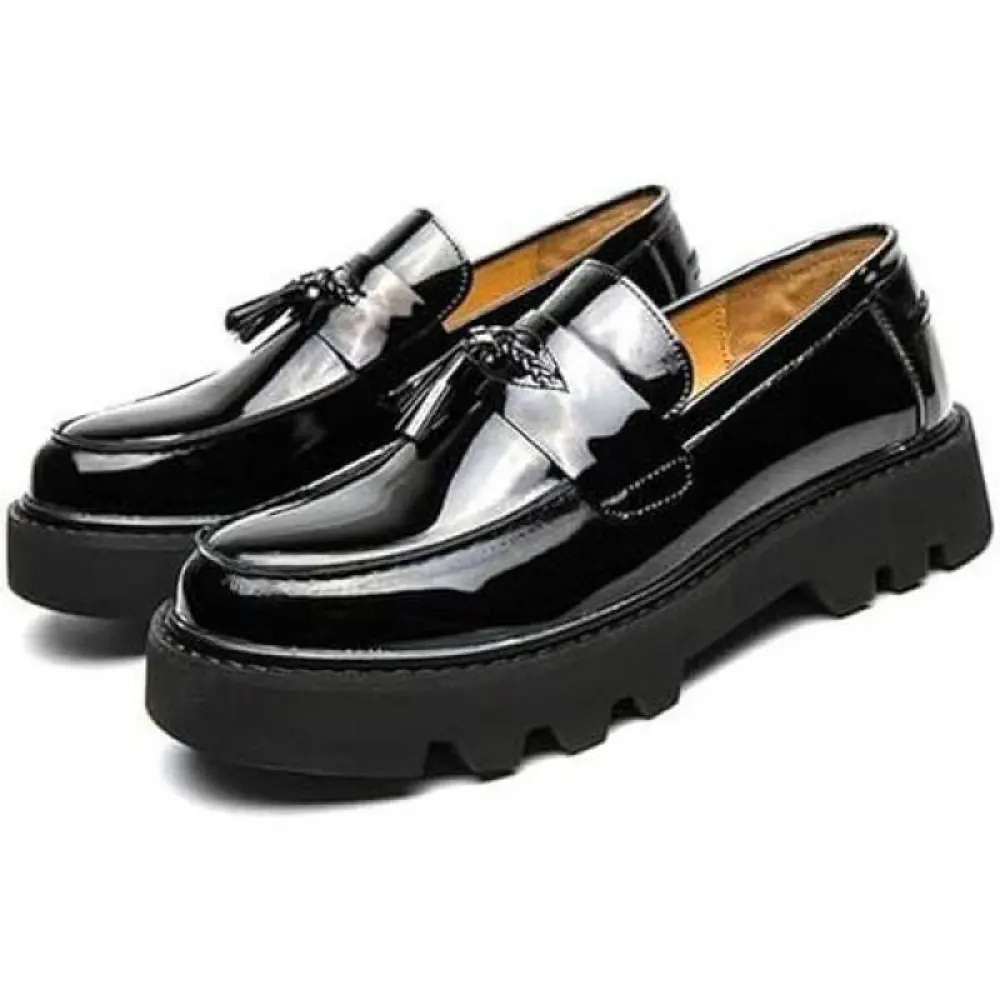 2026 Men's Black Soft Patent Leather Platform Chunky Heel Loafers - Fashion Tassel Penny Style, Business Casual Formal Work Shoes with Non-Lug Sole