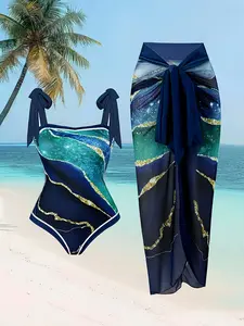 Women's two-piece swimsuit set, dark blue gold-plated printed skirt, hot spring swimsuit, beach swimsuit, women's
