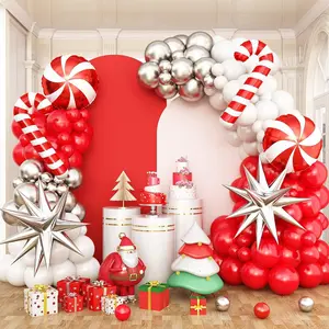 Red White Silver Christmas Balloon Arch Kit Candy Cane Peppermint Foil Party Decor Set