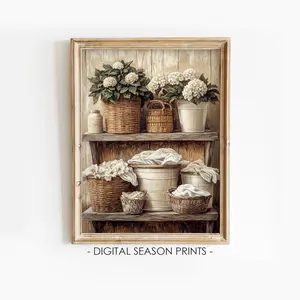 Unframed, Room Decor, Vintage Country Print, Laundry Baskets Printing, Rustic Cottagecore Decor, Laundry Room Decor