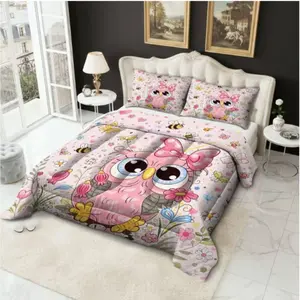 Cat Owl Butterfly Floral Quilt Set (1 Quilt + 2 Pillowcases), Soft Breathable, Digital Print, Suitable for Bedroom Dorm Home Use, Soft Bedding Sets