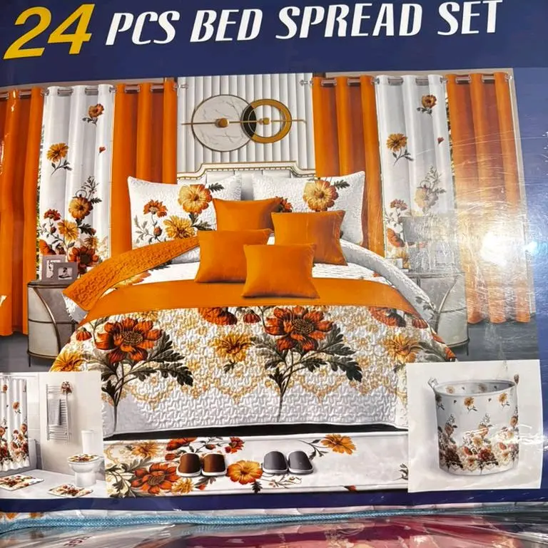 24 PCS Luxury Floral Bedspread Set with Matching Curtains & Bathroom Accessories – Orange King Size