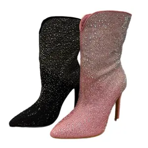 Infinity Sparkle Boots - Black and Pink Glitter Pointed Toe Stiletto Heel Shoes for Sparkly Style Women Court