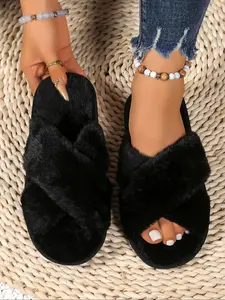 Women's Fashion Fuzzy House Slippers, Cross Design, Plush Material, Warmth Effect Good, Perfect for Hardwood Floors, Bridesmaid Shoes
