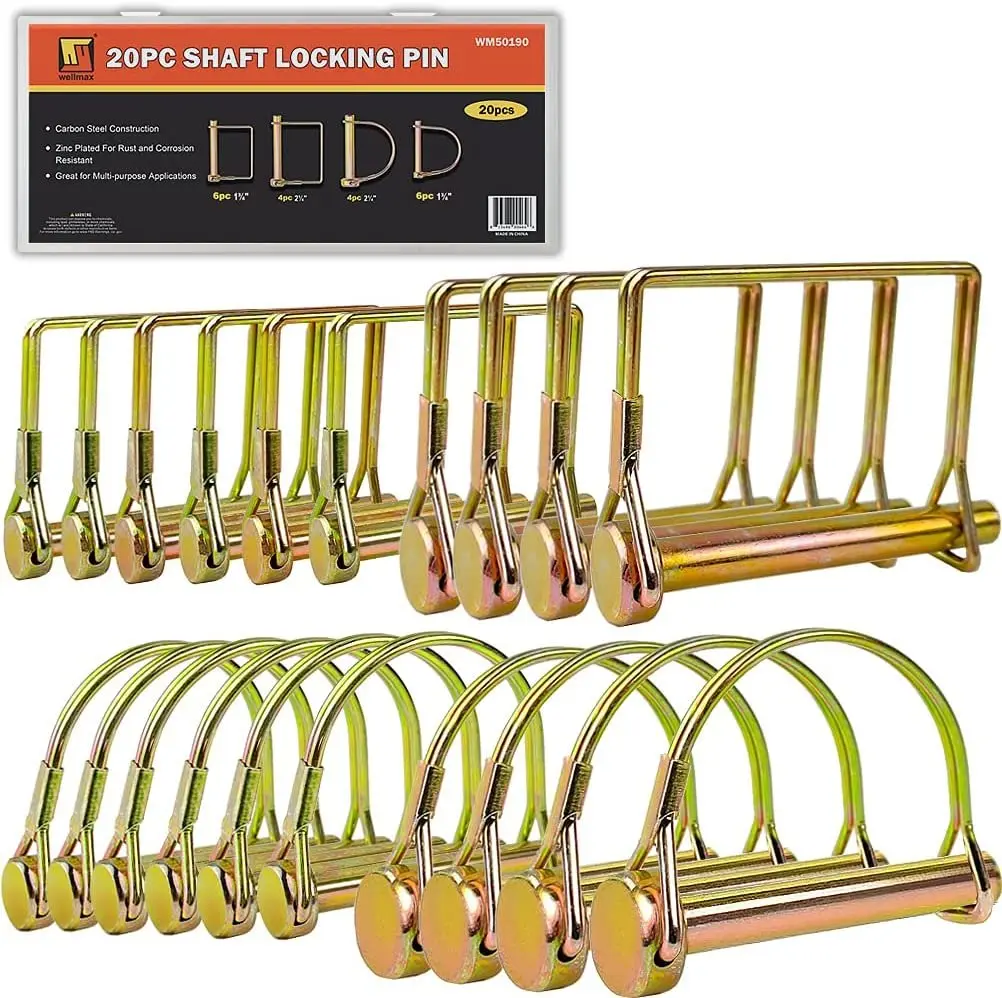 Wellmax 20-Pcs Zinc-Plated Heavy-Duty Shaft Locking Pins - 1/4", 5/16", 3/8" Diameters, Gold Color - Safety Locks for Trailer Coupler, Trailer Coupler Lock