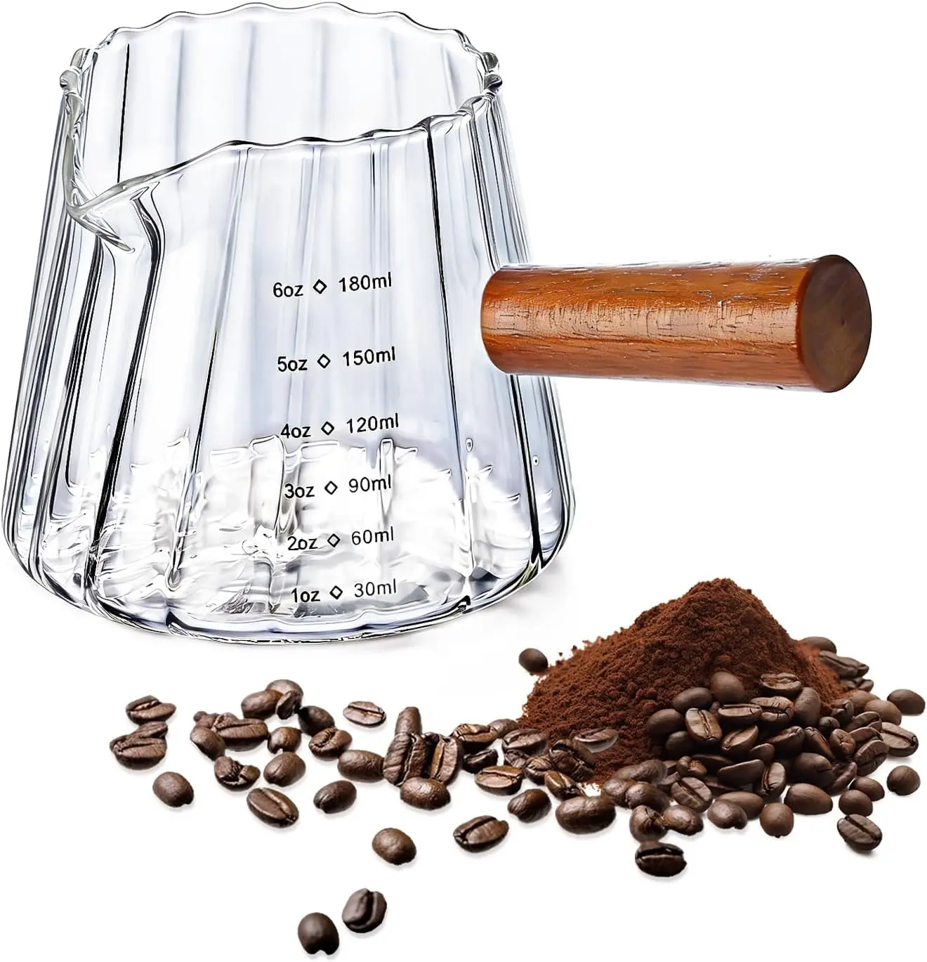 Espresso Cups 6OZ, Espresso Accessories, Expresso Shots Cup, Espresso Shot Glass with V-Shaped Mouth, Ribbed Milk Frothing Pitcher, Glass Measuring Cup