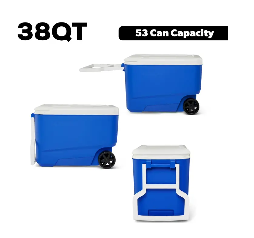 Heavy-Duty 38-Quart Wheelie Cool Blue All-Terrain Rolling Ice Chest 53 Can Capacity Portable Cooler