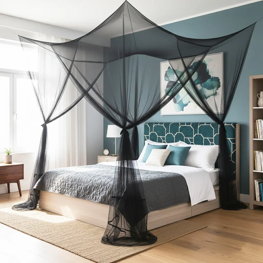 Black Polyester Rectangle Mosquito Net Canopy Bed Curtains - 4-Opening Design, Mesh Netting Sides, Easy Install, Ribbons, Anchors, Fits Full/Queen/King Beds, Gothic Room Decor, Mosquito Netting, Net Cover