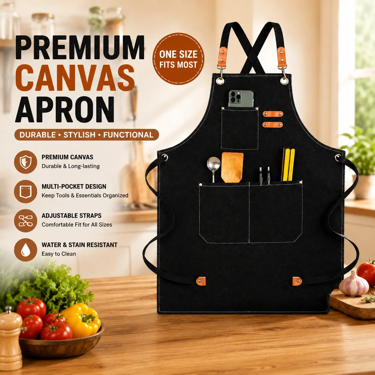 Aprons with Pockets for Men & Women - Heavy Duty Cotton Canvas, Waterproof, M to XXL Size, Adjustable Strap, Flower Kitchen Design#SummerVibes Black