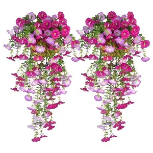 Artificial Hanging Flowers, Fake Plants Outdoor, Silk Morning Glory Faux Flowers with Eucalyptus Leaves, UV Resistant Realistic Hanging Plants for Home Garden Decor, Artificial Flower Decoration, Decorative Fruit