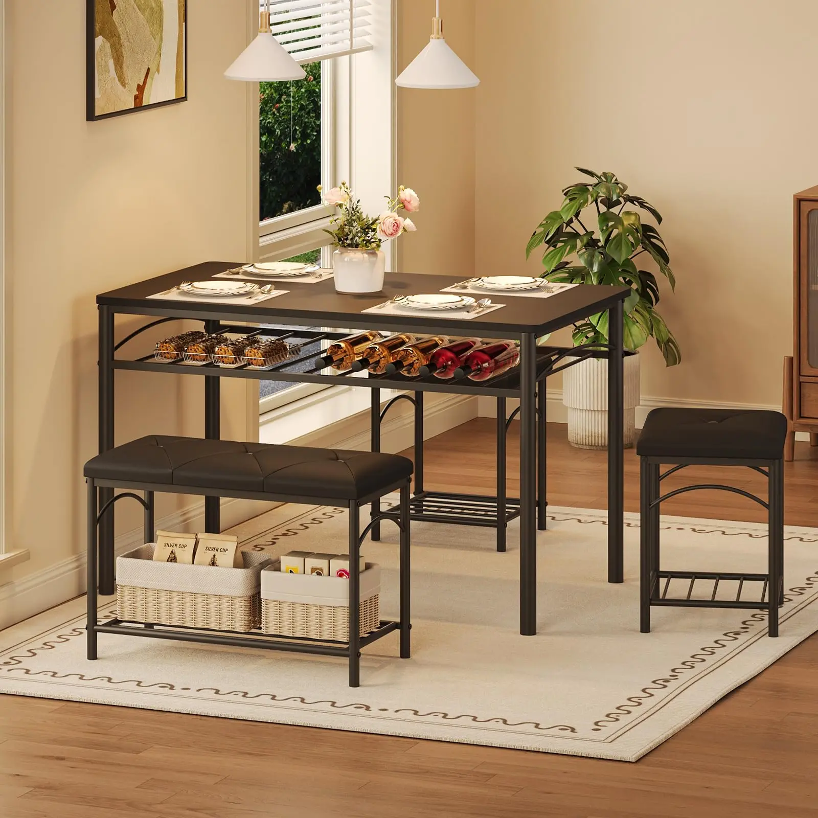 Garvee Dining Table Set for 4, Kitchen Table with Upholstered Bench and 2 Stools, 4-Piece Kitchen Table Set with Storage Shelf and Metal Frame for Small Space, Table of