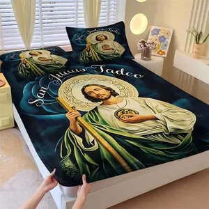 San Judas Tadeo Religious Fitted Sheet Set, 1 Fitted Sheet + 2 Pillowcases, Saint Jude Print Bedding, Soft Cozy Bed Linen, Perfect Catholic Gift