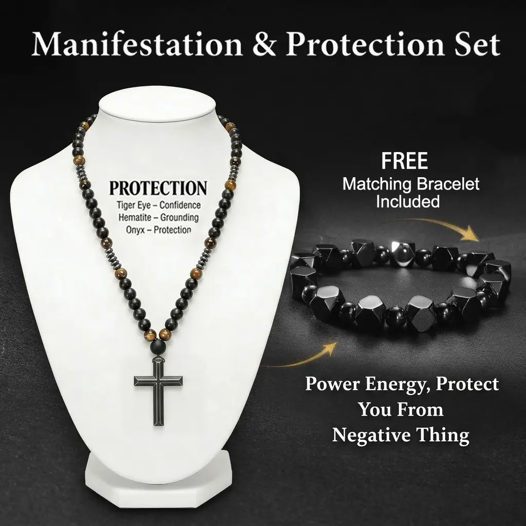 Men's 2pcs Hematite & Obsidian Stone Jewelry Set - Hematite Beads Necklace with Natural Crystals Pendant, Adjustable Size Grounding Power Bracelet, Smooth Finish for Daily Wear & Gifting