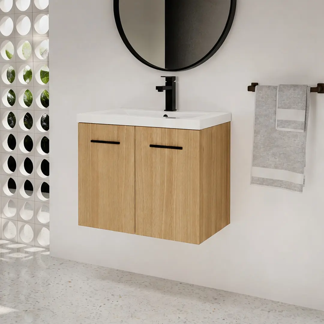 24-Inch Double Arch Floating Bathroom Vanity with Sink - Light Oak Plywood Wall Cabinet, Resin Top, Double Door Storage, 2-Piece Modern Set for Small Bathrooms, Glossy White/Light Oak Finishes, Double Arch Bathroom Sink