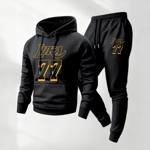 Men's Luka 77 Print Hoodie and Drawstring Sweatpants Set, Menswear, Casual Athletic Long Sleeve Hooded Jacket & Trousers for Fall & Winter, Men's Clothing for Daily Wear, Sportswear Indoor Outdoor, Tracksuit, Athleisure Summer Clothes