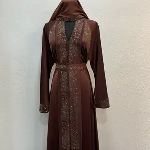Dubai Abaya in Brown with Long Sleeves, Drawstring Waist, and Embroidered Design