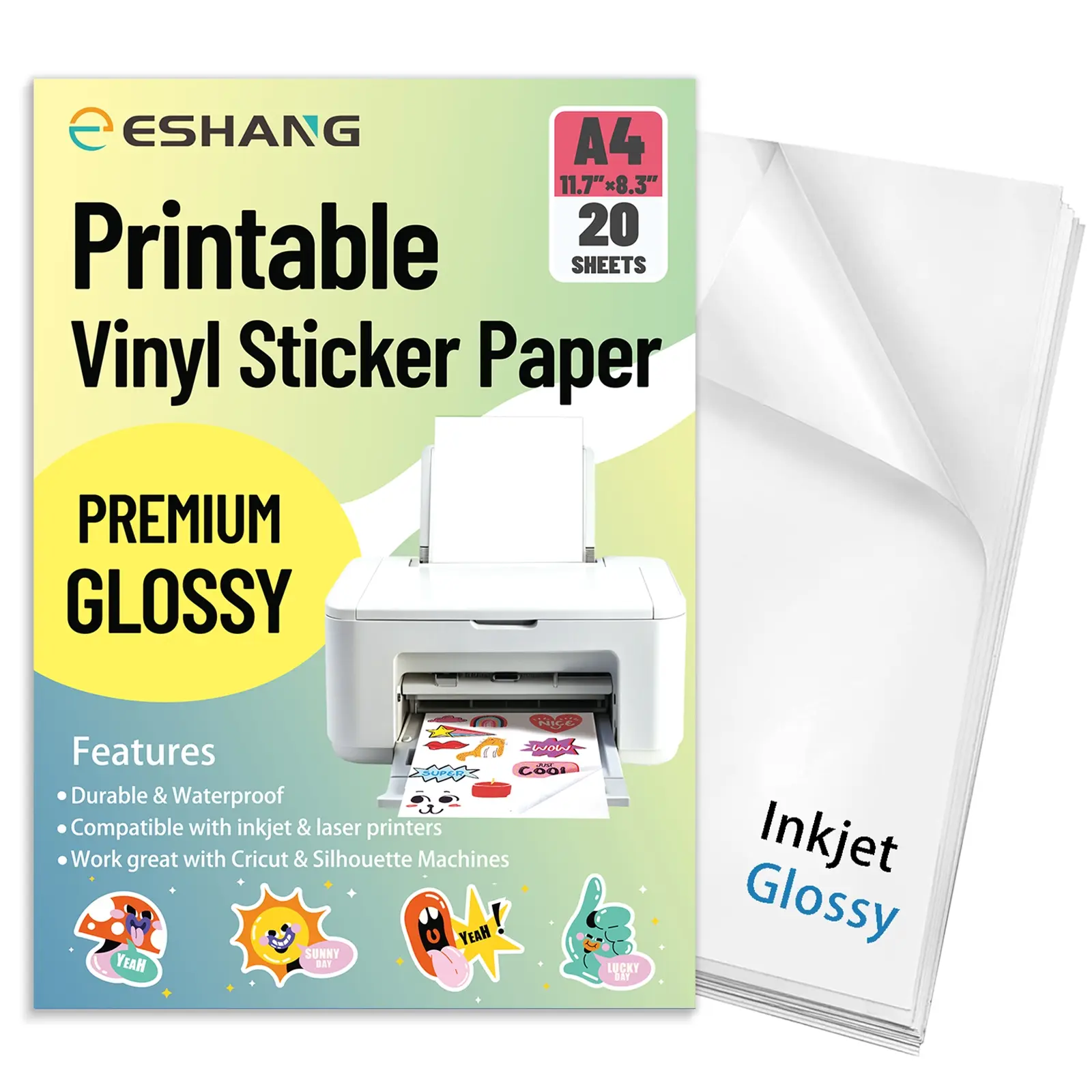 ESHANG 20 Sheets Glossy Vinyl Sticker Paper, A4 Size 8.3x11.7 Inches, Inkjet Printer Compatible, Self-Adhesive & Waterproof, Perfect for DIY Projects, DIY Decal Film, Adhesive Decals, Self Adhesive Stickers