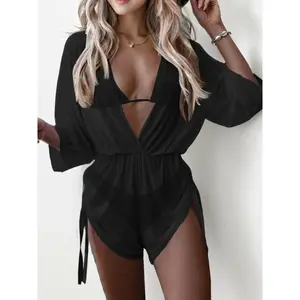Three-Piece Set Women's Triangle Swimsuit Sets, Solid Sheer Drawstring Deep V Neck Cover Up Romper & Thong & Halter Push Up Bra Bikini Set for Women, Swimsuit for Women