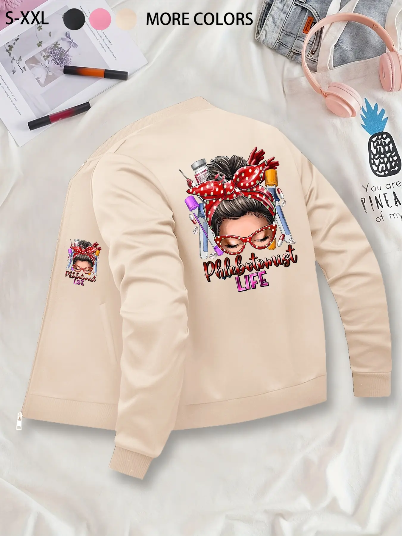 "Phlebotomist Life" Printed Graphic Black Jacket - Medical Themed Casual Outerwear, Coats, Casual Jackets, Polyester Knit Fabric with Pockets, Long Sleeve Fitted Style for Autumn/Winter, Random Print Pattern Suitable for Young Adults.