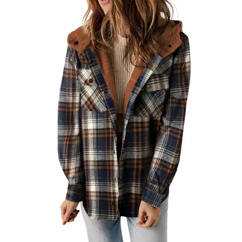 Dokotoo Womens Plaid Shacket Jacket Warm Fleece Hooded Jackets Winter Coats Winter Clothing for Women Casual Long Sleeve Sherpa Lined Fleece Fur Button Down Thick Fluffy Flannel Shirts Pockets