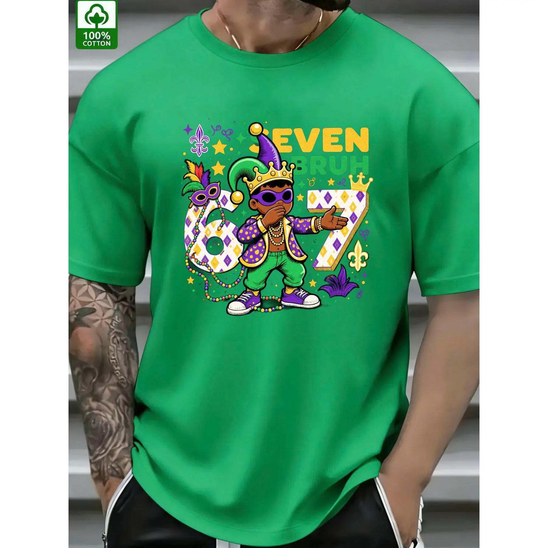 100% Pure Cotton Men's Fashion New Carnival Easter T-Shirt with Colorful Graphic Design Featuring a Cartoon Character in Mardi Gras Attire Purple Jester Hat Green Clothing and Decorative Elements Stylish Soft Casual Tee for Festivals and Gifting