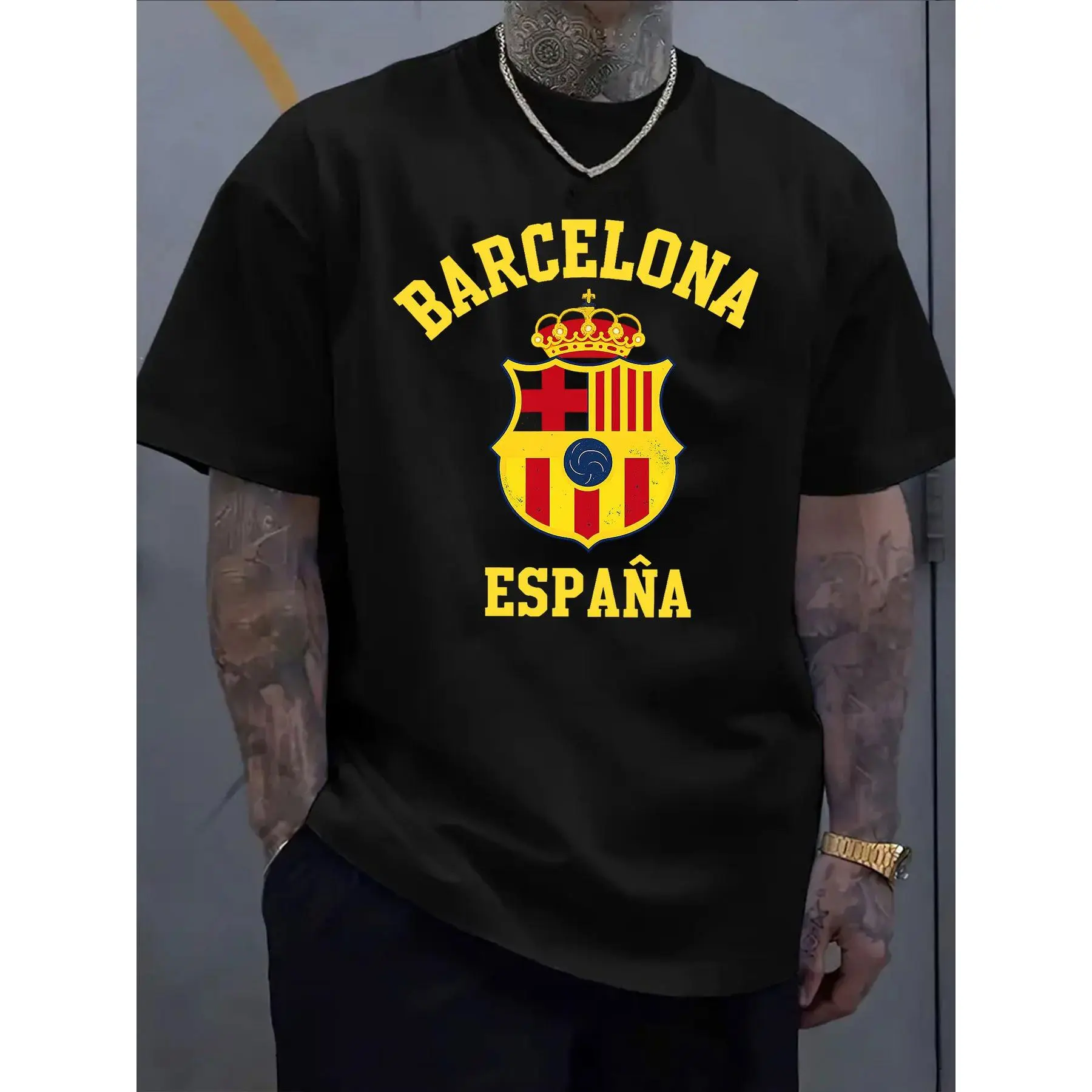 Barcelona Spain Emblem Print T-Shirt, Streetwear, Casual