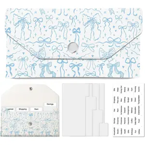 PU Leather  Envelopes Wallet,   Saving Wallet, Cute Budget Envelope with 4 Dividers & 1 Sheets Budget Labels Blue Bunny