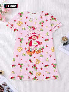 Strawberry Cute Cartoon Print Women's Nightgown, Round Neck Short Sleeve Medium-Length Loose Comfortable, Fashion Daily Wear, Holiday Pajamas, Party Clothes, Casual Outdoor Homewear, Loungewear, Nightwear