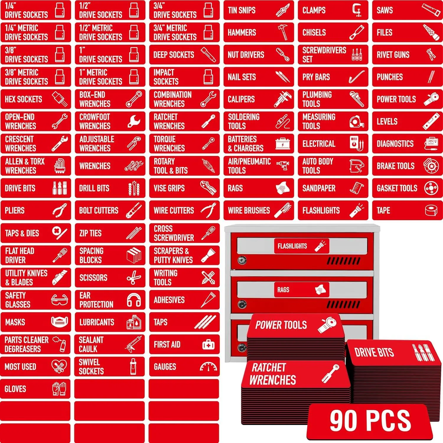 90 count  Toolbox Labels, 82 Pre-Printed & 8 Blanks Large Size Tool Chest Organizer Labels   & Easy to Read Printing Fits  Brands of Steel Tool Box Drawers (Red, 3.5" x 1")