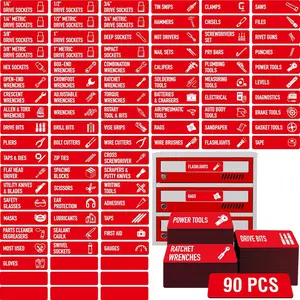 90 count  Toolbox Labels, 82 Pre-Printed & 8 Blanks Large Size Tool Chest Organizer Labels   & Easy to Read Printing Fits  Brands of Steel Tool Box Drawers (Red, 3.5" x 1")