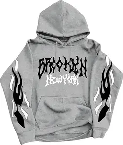 Manfinity Unisex 2000s Emo Style Flame Print Hoodie, Light Gray Drawstring Long Sleeve Hoodie, Streetwear for Autumn Winter, Couple & Friends Gift
