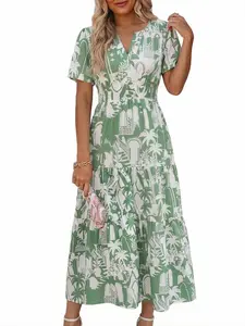 Boho Print Midi Dress V Neck Short Sleeve, Casual Beach Vacation Dress, Bohemian Style Summer Fashion, Women's Clothing