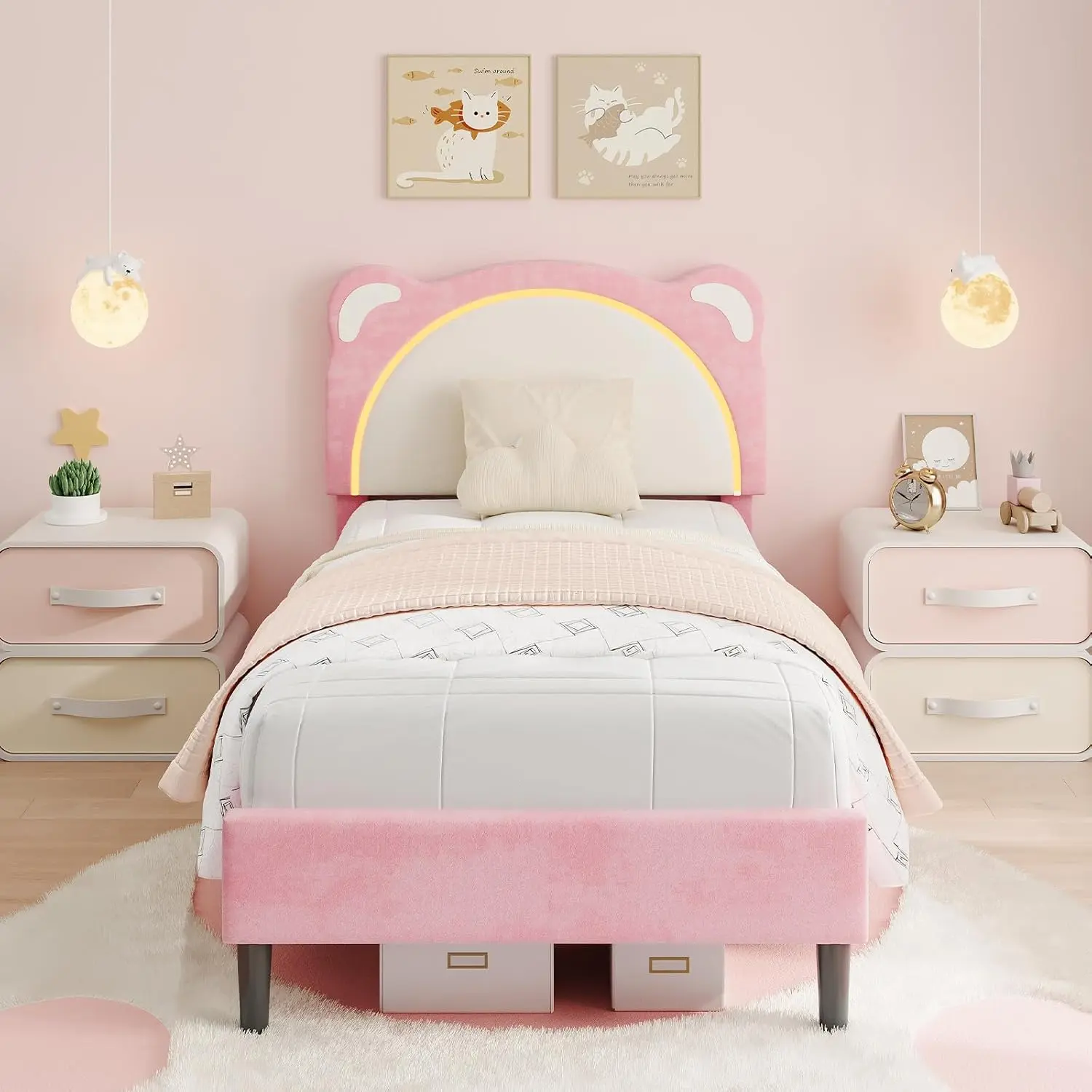 GAOMON Velvet Upholstered Twin Platform Bed with Adjustable LED Headboard - Kids' Bedroom Furniture for Boys & Girls, Berber Fleece, Customizable Lighting, Memory Function, Wood Slat Support, No Box Spring Needed, Easy Assembly, Charming Color Options