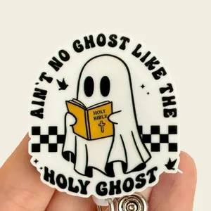Glitter My Badge Halloween Holy Ghost with Ice Coffee Badge Reel for Nurses and Hospital Workers