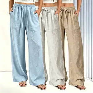Women's three piece set, minimalist solid color imitation linen home suit, with wide leg pants and elastic waist, comfortable summer set Style Womenswear