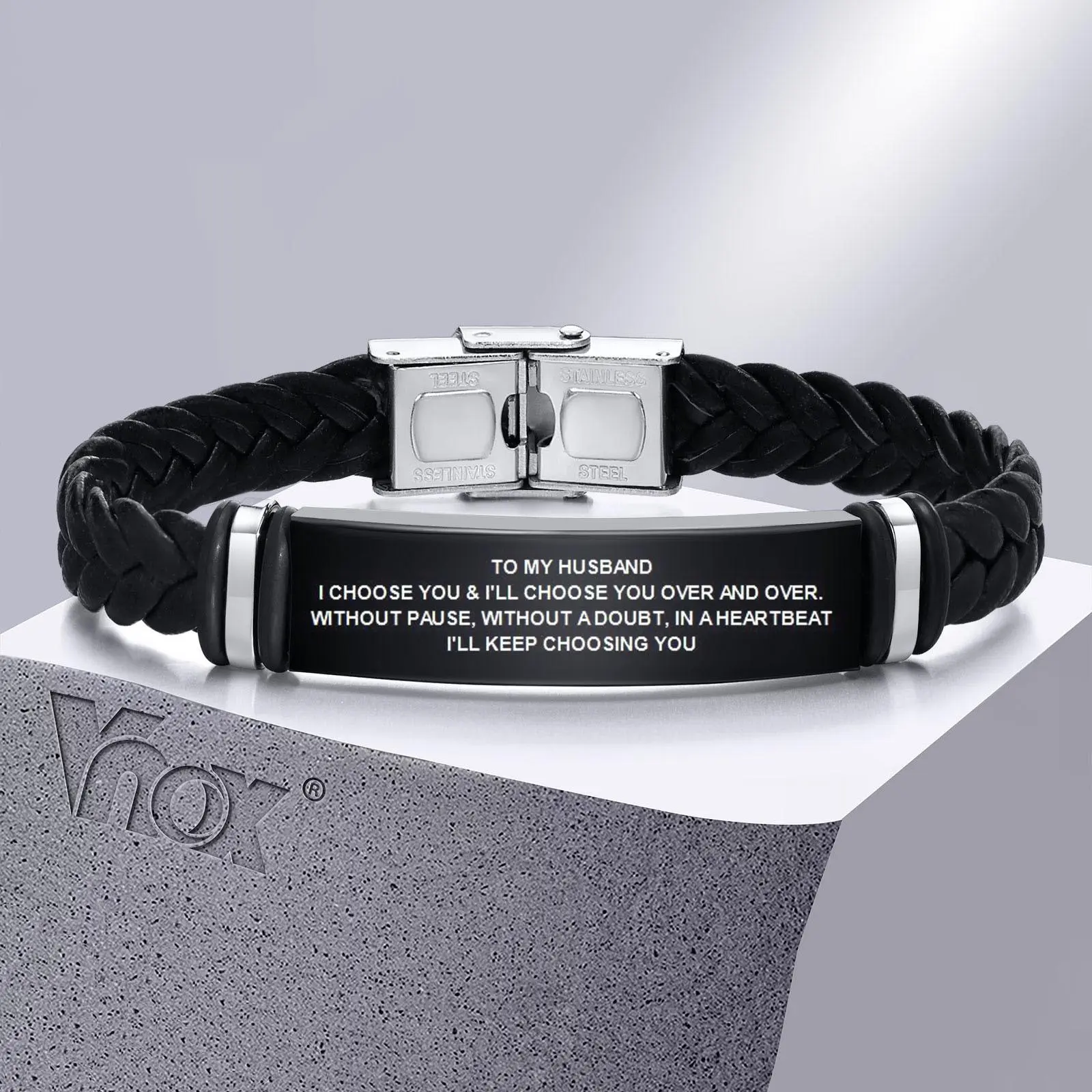 Vnox Custom Leather Bracelets for Men, Engraved Stainless Steel Bar with Braided Leather Bangle, Black Simple Name Husband Gift