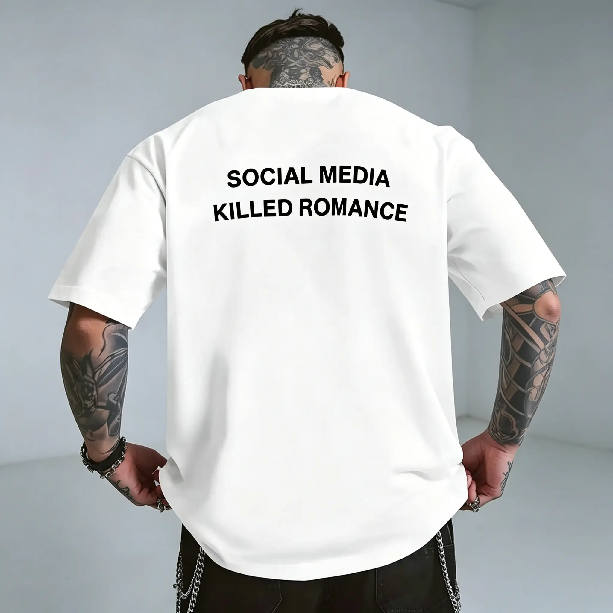 Black Graphic Tee for Men, "Social Media Killed Romance," Double-Sided Print Men's Fashion Apparel