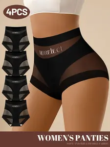 4pcs Women's Knickers, Panties, Sporty Chic Style, High Waist Tummy Control, Mesh Patchwork, Loose-Fitting, Breathable, Elegant Fashion Underwear for All Seasons