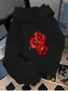 Women's Casual Fashion Elegant Sports Hoodie, Floral Print Loose Fit Cute Versatile Sweatshirt, All Seasons Wearable Top