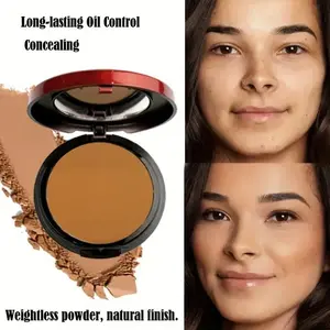 Contour and concealer setting powder compact, Cosmetic, Copper-toned, oil-controlling, matte finish, buildable coverage, Weightless, suitable for all skin tones, Brightens and contours, conceals imperfections, comes with a puff for quick touch-ups