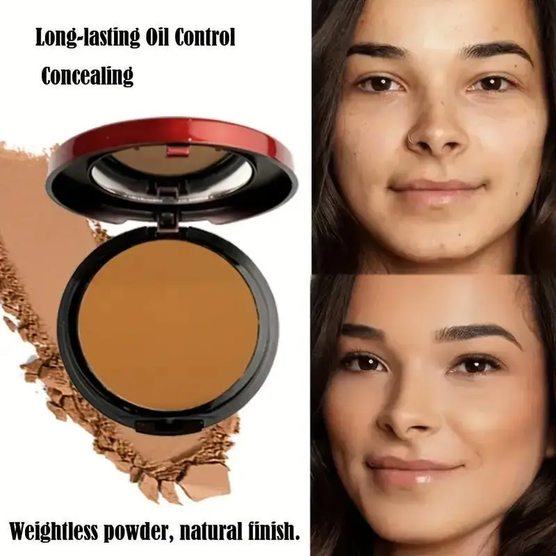 Contour and concealer setting powder compact, Cosmetic, Copper-toned, oil-controlling, matte finish, buildable coverage, Weightless, suitable for all skin tones, Brightens and contours, conceals imperfections, comes with a puff for quick touch-ups