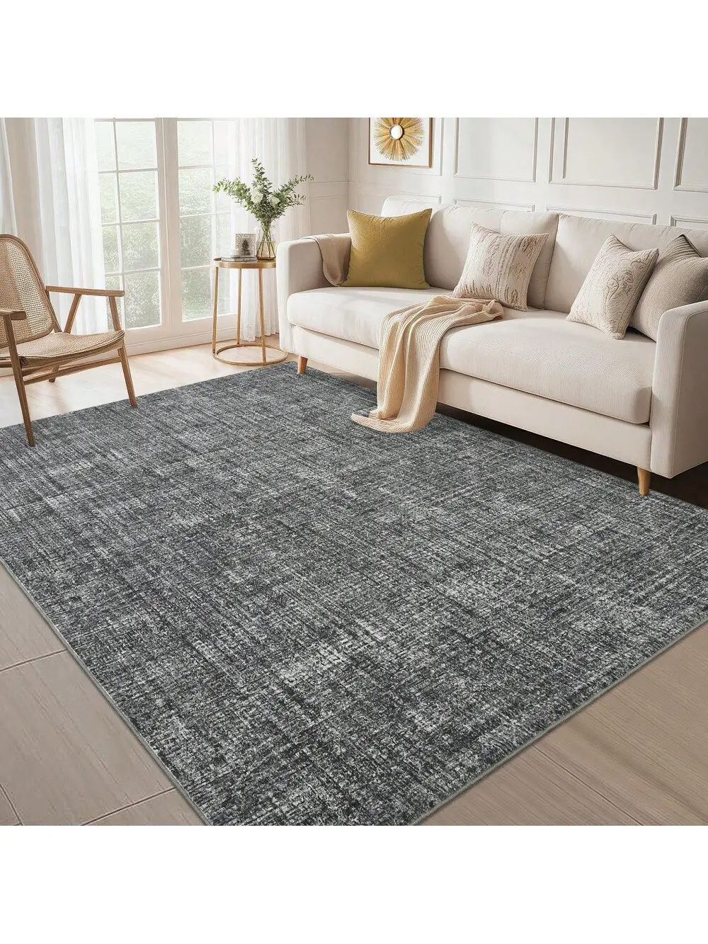 Dark gray-5*7 feet  Machine Washable Area Rug Non Slip Non Shedding  Modern Abstract Large Bedroom Carpet Stain Resistant Ultra Thin Soft Pet Friendly Contemporary Solid Throw Floor Mat For Living Room Bedroom Dining Room Home Office