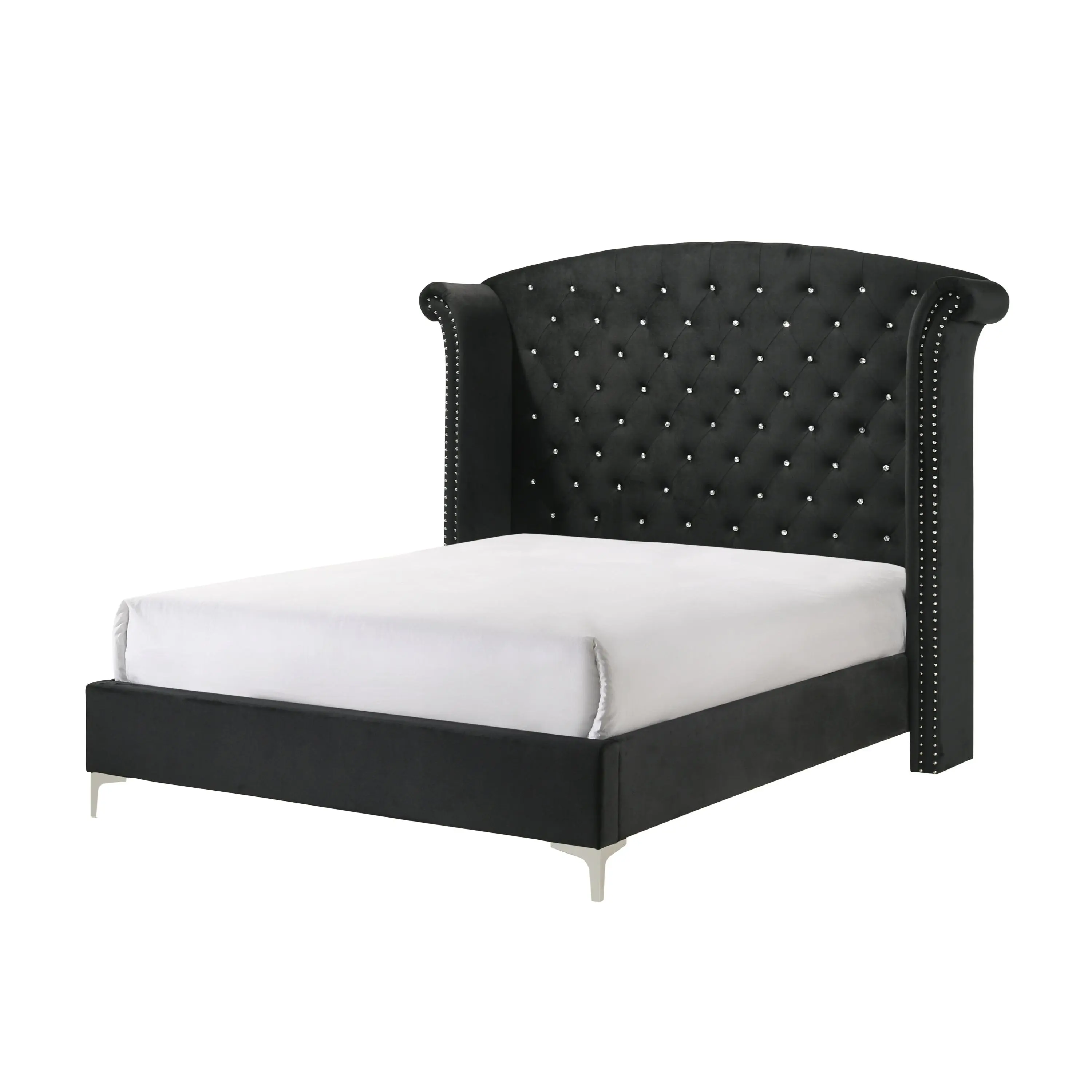 Glam Queen Size Tufted Bed Frame - 1pc, 86.8in x 81.1in x 66.3in, Winged Back Headboard, Button-Tufting, Wood-Metal Construction, Black Fabric, Refined Elegance Indoor Furniture Bed Frame
