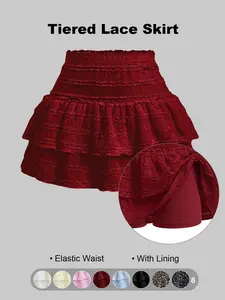 Women's High Waist Ruffled Pleated Mini Skirt with Lace, Double-Layer Flared Design, Comfortable Soft Fabric Fit, Fashionable Elegant Short Skirt Suitable for Outdoor Leisure Daily Wear